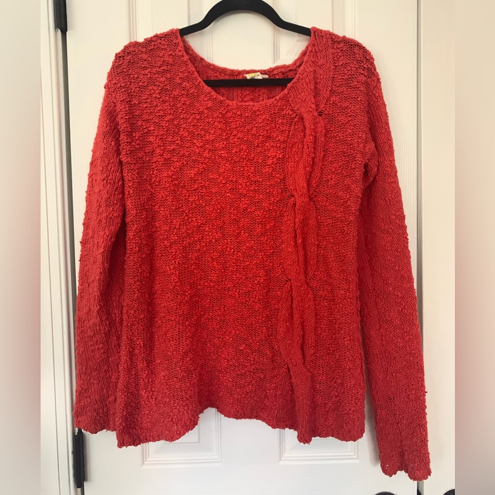 Anthropologie YELLOW BIRD Deep Coral Sweater Cotton Cable Knit, size Medium